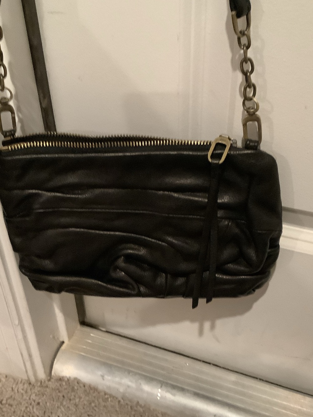 HOBO Black Ruched Leather Crossbody with Chain & Leather Strap